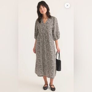 MARINE LAYER Lola Black White Abstract Print Midi Dress Puff Sleeve V Neck L